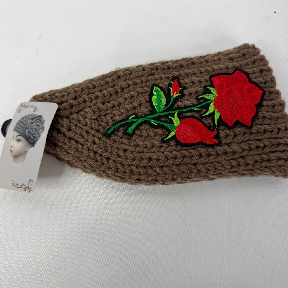 New Rose Embroidered Knit Headband Ear Warmer Brown Floral WT-510R